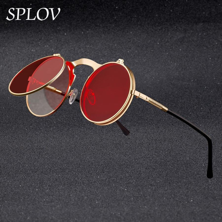 Luxury Retro Vintage Steampunk Flip Retro Round Metal Frame Sunglasses for Men and Women Brand Designer Circle Glasses Oculos Leon sunglasses -STS9NC17061VOFP- Melted Glam LLC