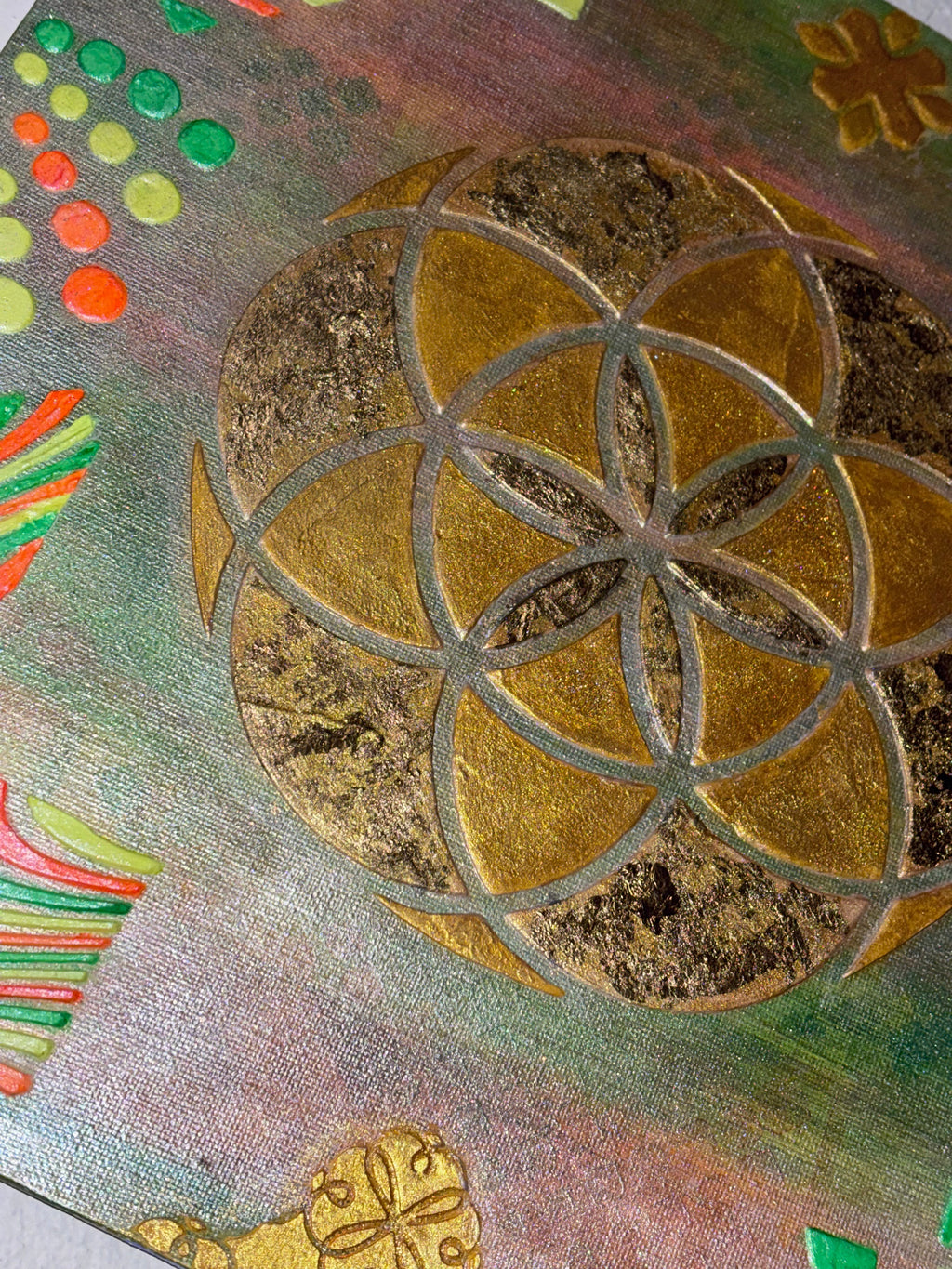 Radiant Roots – Flower of Life Neon & Gold Plaster Painting 12x12 | Melted Glam - Original Painting - Melted Glam LLC
