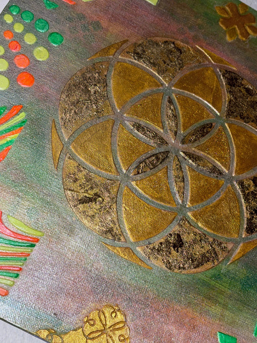 Radiant Roots – Flower of Life Neon & Gold Plaster Painting 12x12 | Melted Glam - Original Painting - Melted Glam LLC