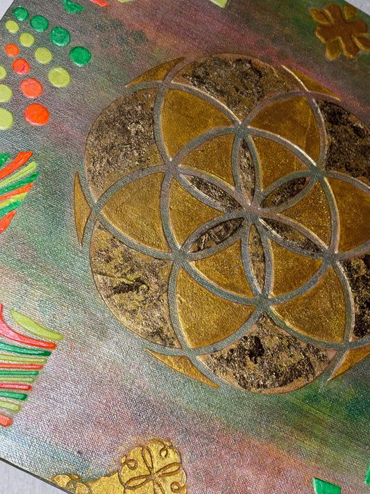 Radiant Roots – Flower of Life in Neon & Gold | Original Plaster Painting by Melted Glam