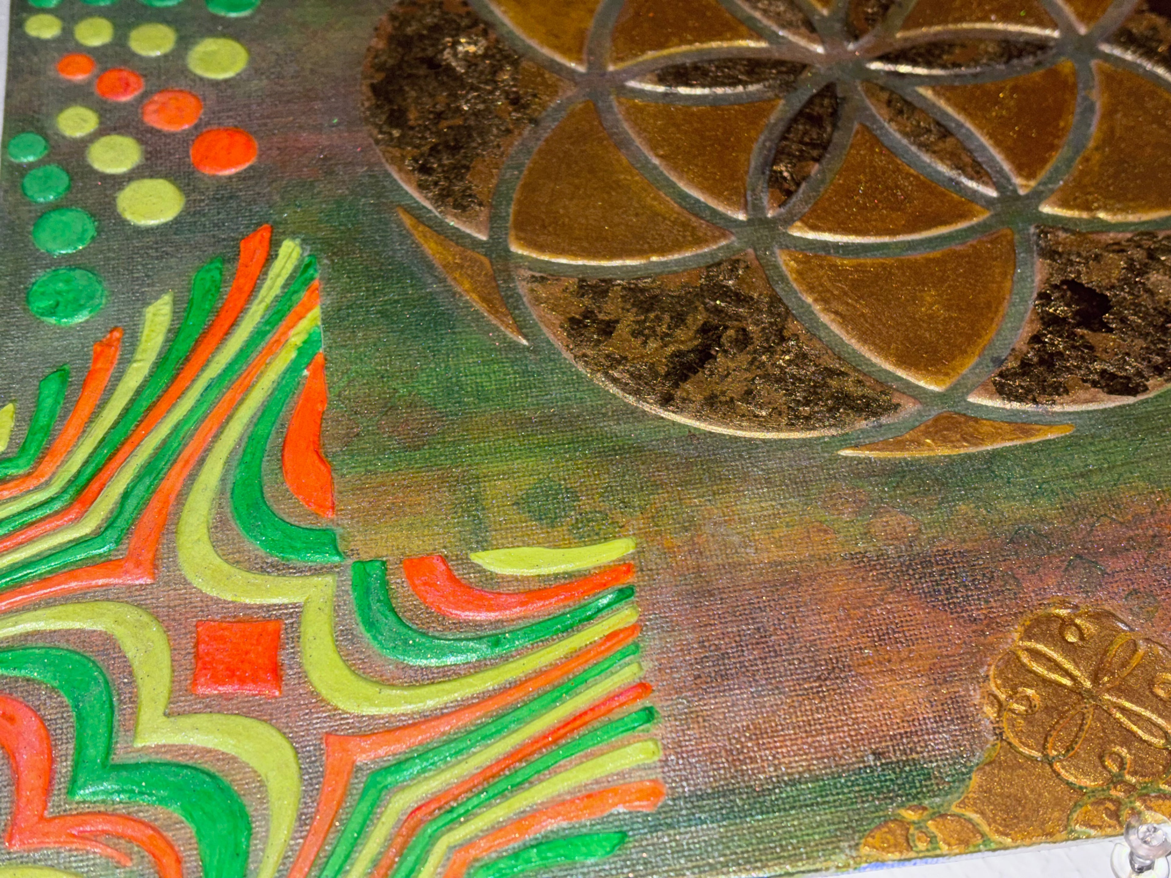 Radiant Roots – Flower of Life Neon & Gold Plaster Painting 12x12 | Melted Glam - Original Painting - Melted Glam LLC
