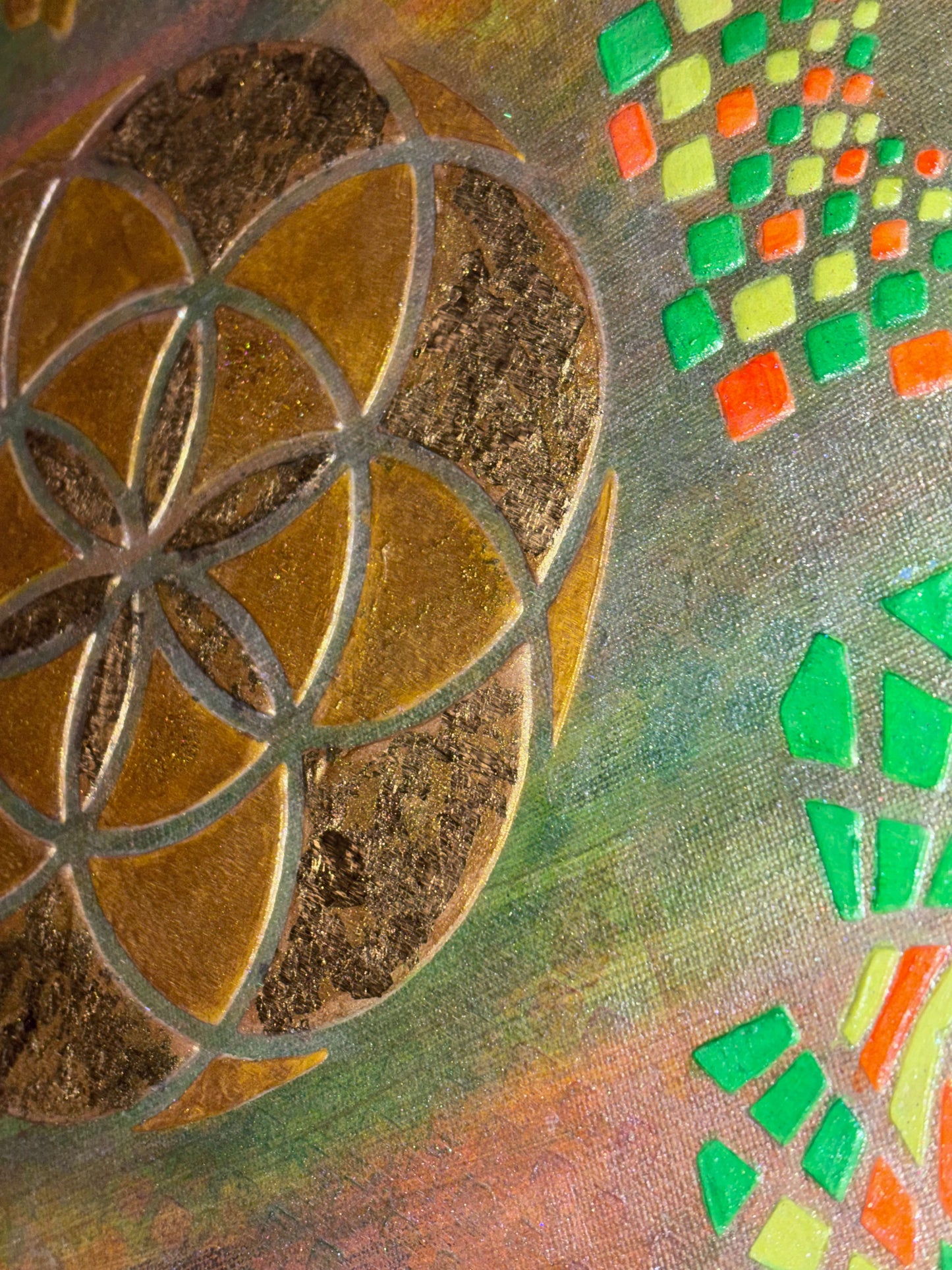 Radiant Roots – Flower of Life Neon & Gold Plaster Painting 12x12 | Melted Glam
