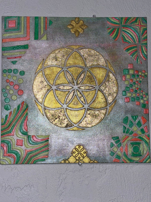 Radiant Roots – Flower of Life Neon & Gold Plaster Painting 12x12 | Melted Glam - Original Painting - Melted Glam LLC
