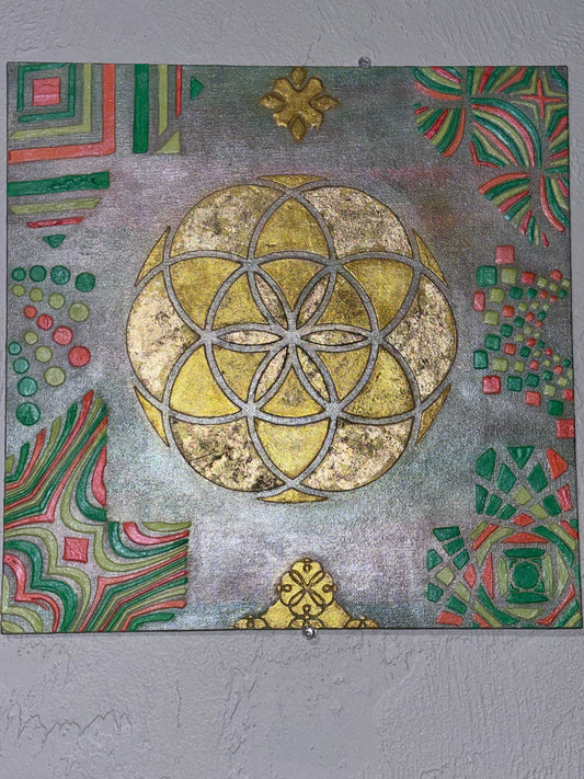 Radiant Roots – Flower of Life in Neon & Gold | Original Plaster Painting by Melted Glam