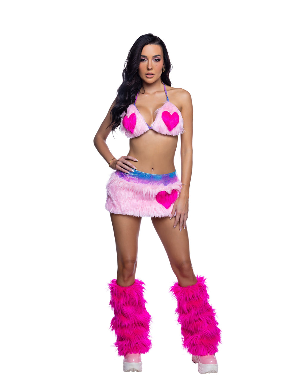 Faux Fur Heart Halter Top & Mini Skirt Rave Set – 2PC Festival Outfit