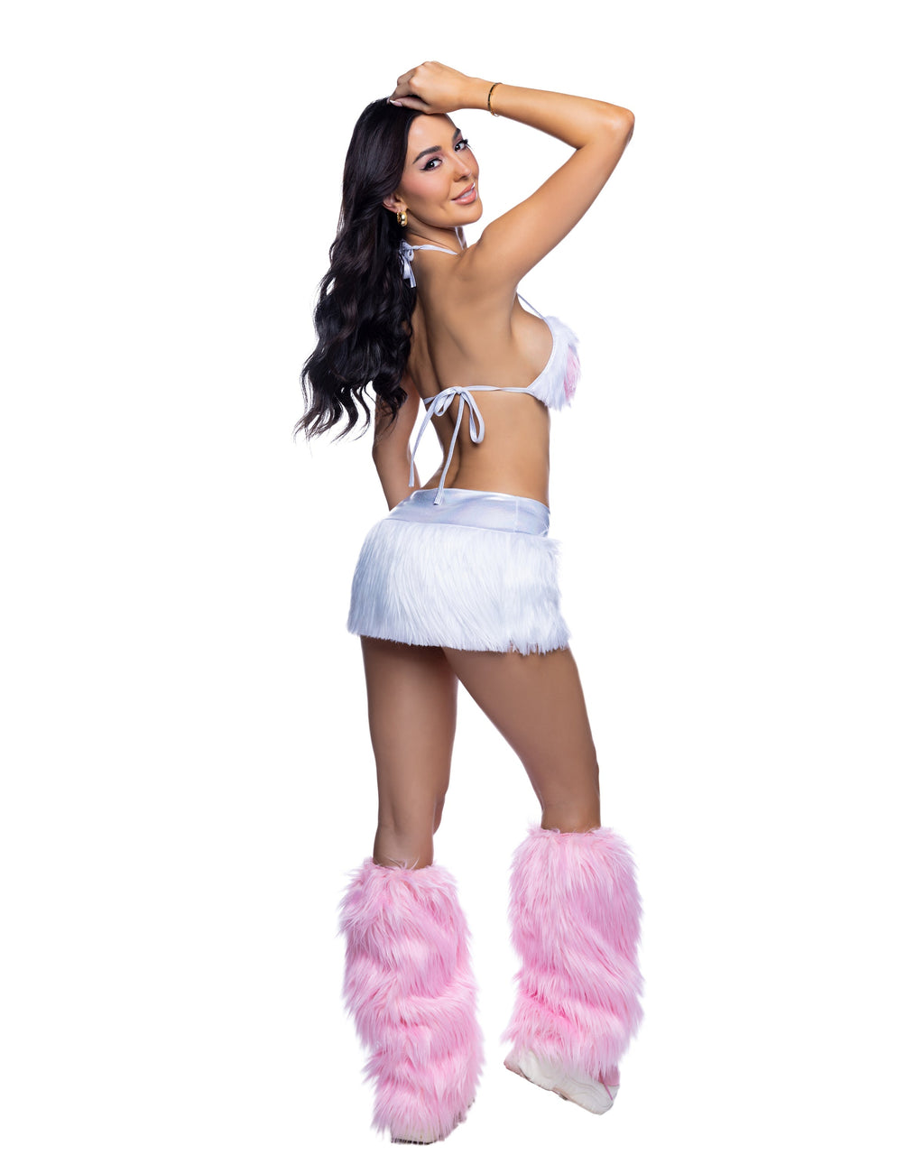 Faux Fur Heart Halter Top & Mini Skirt Rave Set – 2PC Festival Outfit