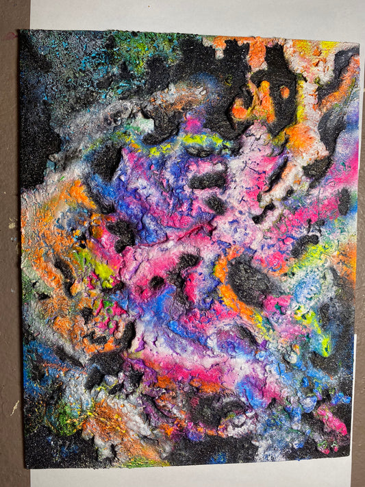 Melting Galaxy neon painting by Melted Glam – vibrant textured 3D artwork in neon pink, orange, green, and blue with cosmic galaxy patterns
