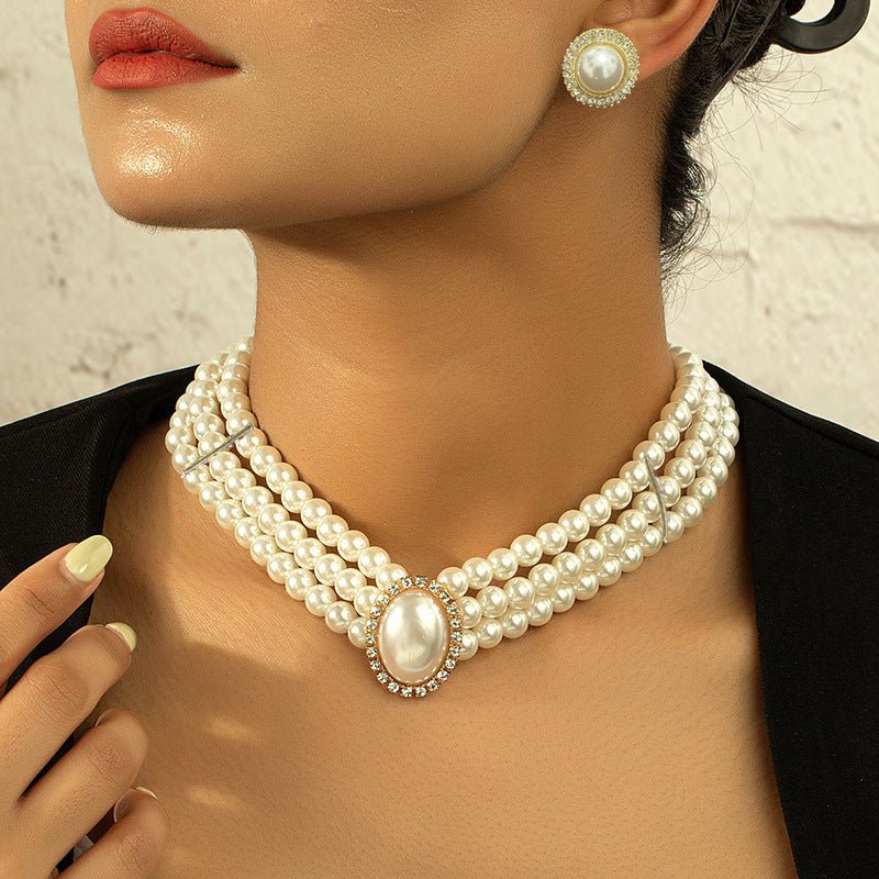 Layers White Pearl Bib Statement Necklace Earring Set -Necklace Set- Melted Glam LLC