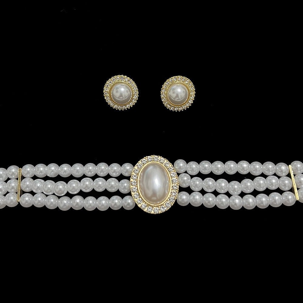 Layers White Pearl Bib Statement Necklace Earring Set -Necklace Set- Melted Glam LLC