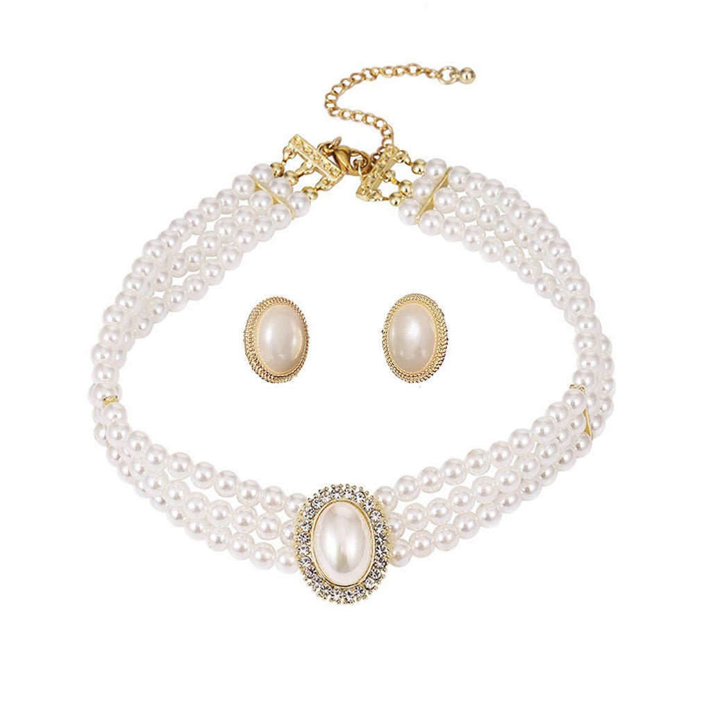 Layers White Pearl Bib Statement Necklace Earring Set -Necklace Set- Melted Glam LLC