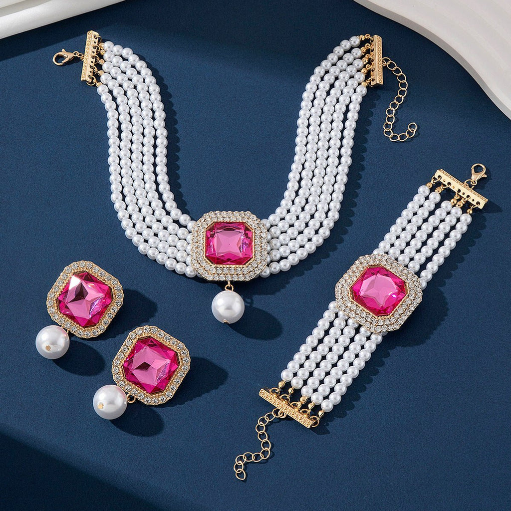 Luxury Exaggerated Bride Jewelry Women Imitation Pearl Necklace Earrings Set -Jewelry Set- Melted Glam LLC