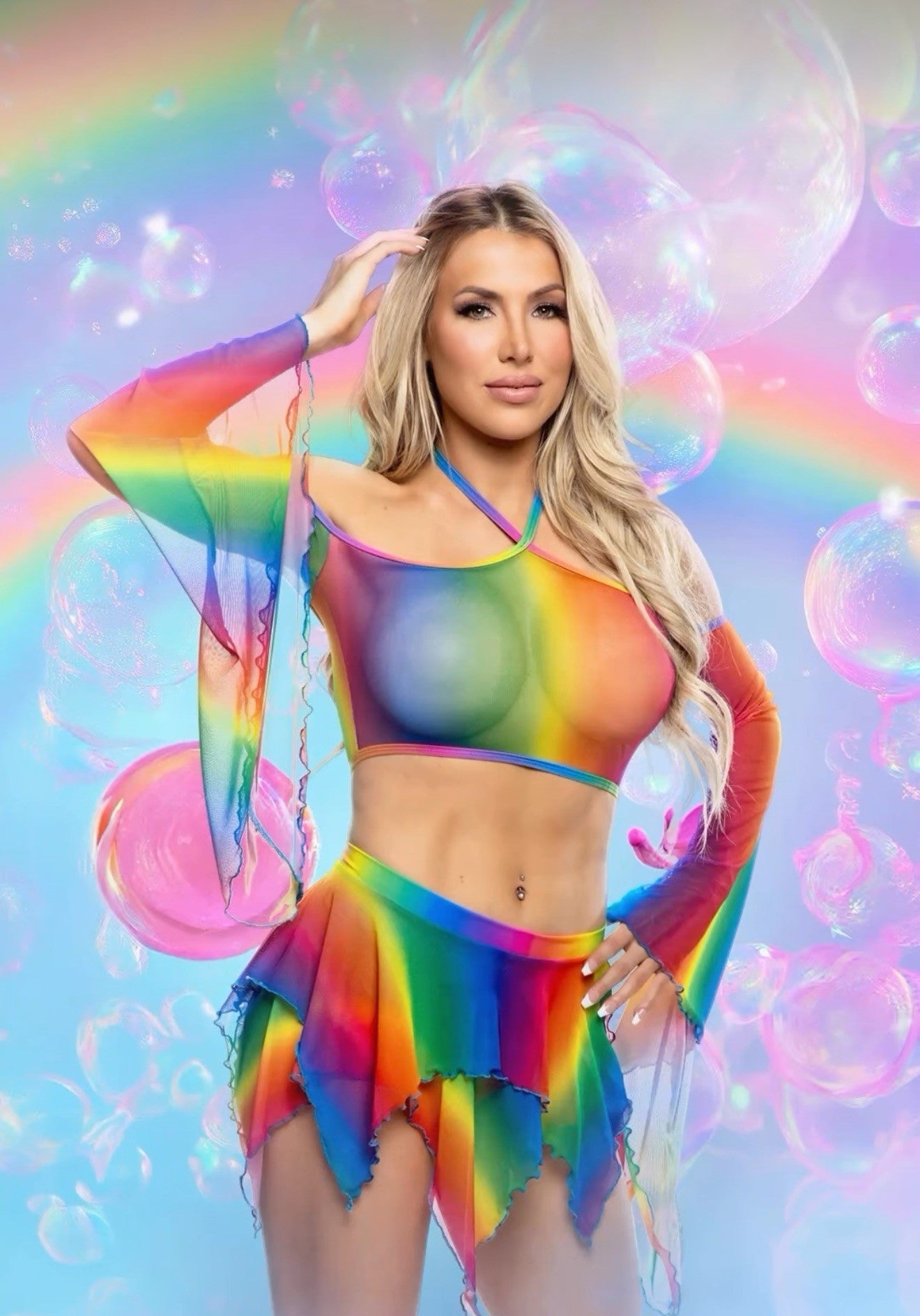 Rainbow Mesh Flair Sleeve Top -Volume 11- Melted Glam LLC