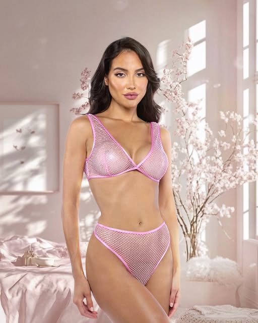 Think Pink Rhinestone Bralette 2-Piece Short Set -Lingerie- Melted Glam LLC
