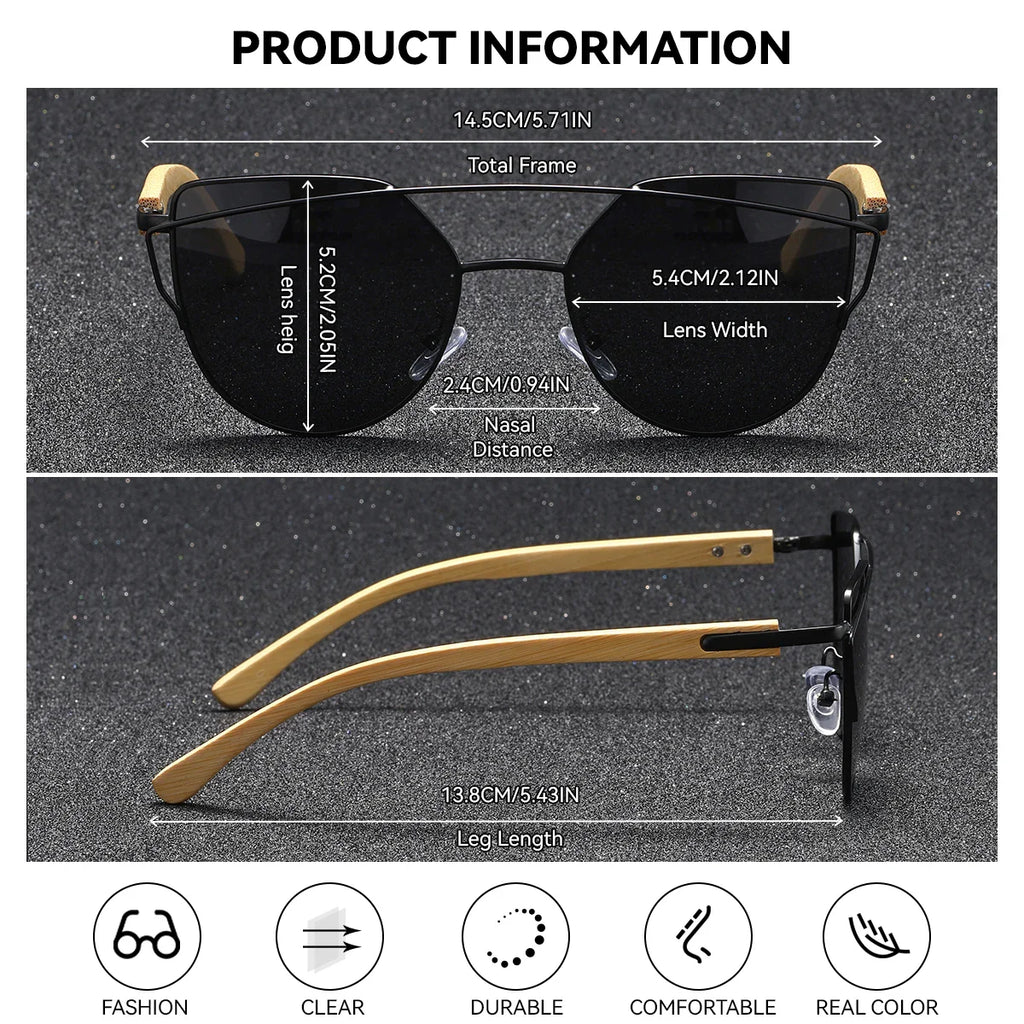 BARCUR Luxury High-Quality UV400 Women’s Polarized Sunglasses Cat Eye Bamboo Foot Frame Mirrored Lenses Presented in a White Gift Box for Summer -sunglasses- Melted Glam LLC