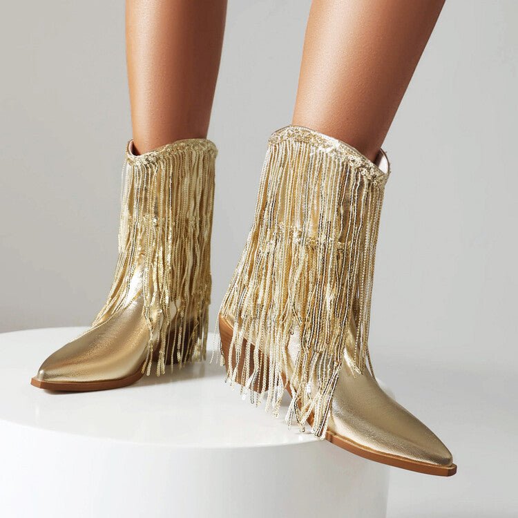 Women's Sequin Tassel Ankle Boots – Pointed Toe Chunky Heel Slip-On Party Boots -Women's Shoes- Melted Glam LLC