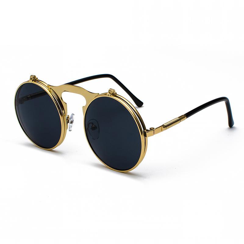 Luxury Retro Vintage Steampunk Flip Retro Round Metal Frame Sunglasses for Men and Women Brand Designer Circle Glasses Oculos Leon sunglasses -STS9NC17061VOFP- Melted Glam LLC