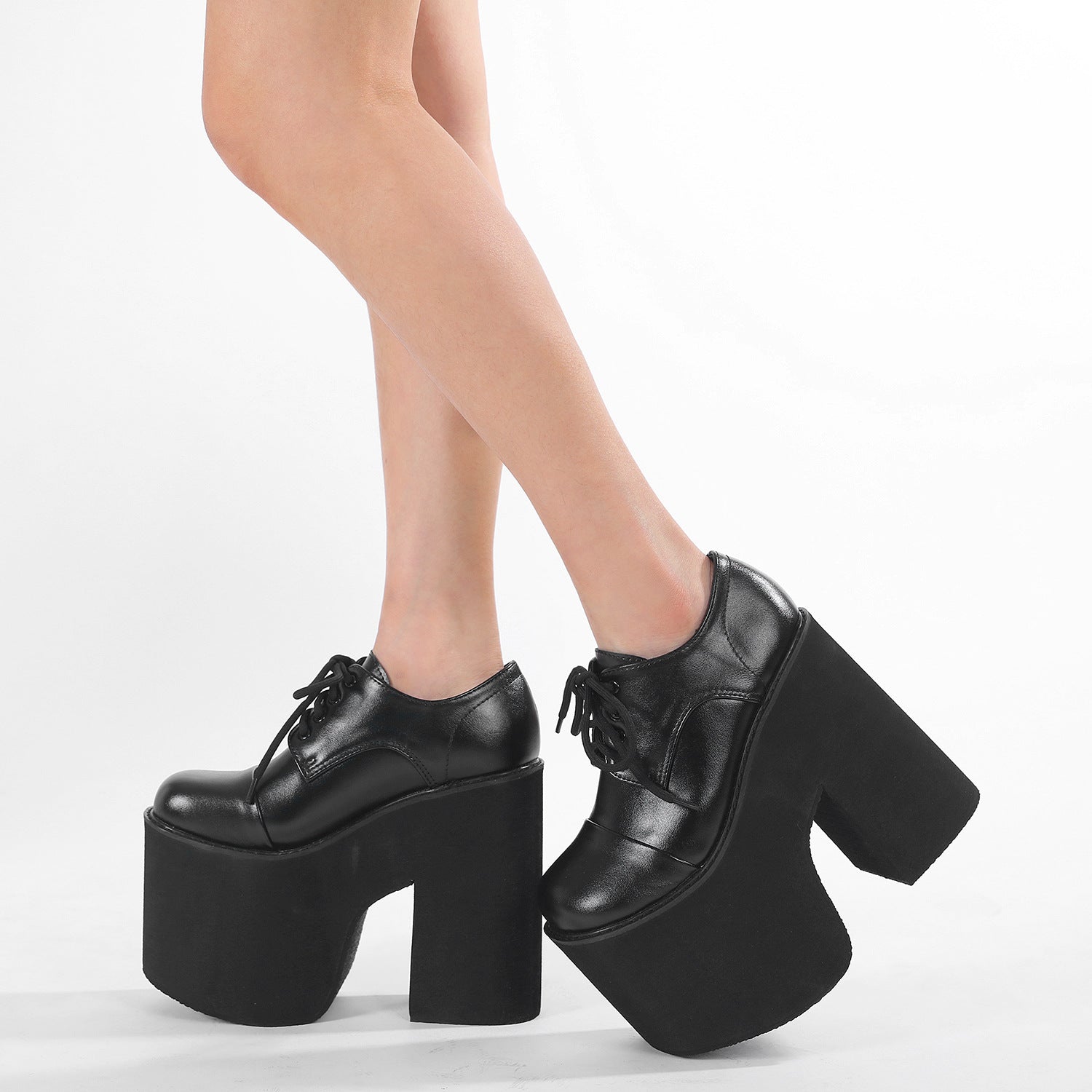 Women's Round-Toe Waterproof Platform Chunky-Heel Lace-Up Shoes | Black PU Leather -Women's Shoes- Melted Glam LLC