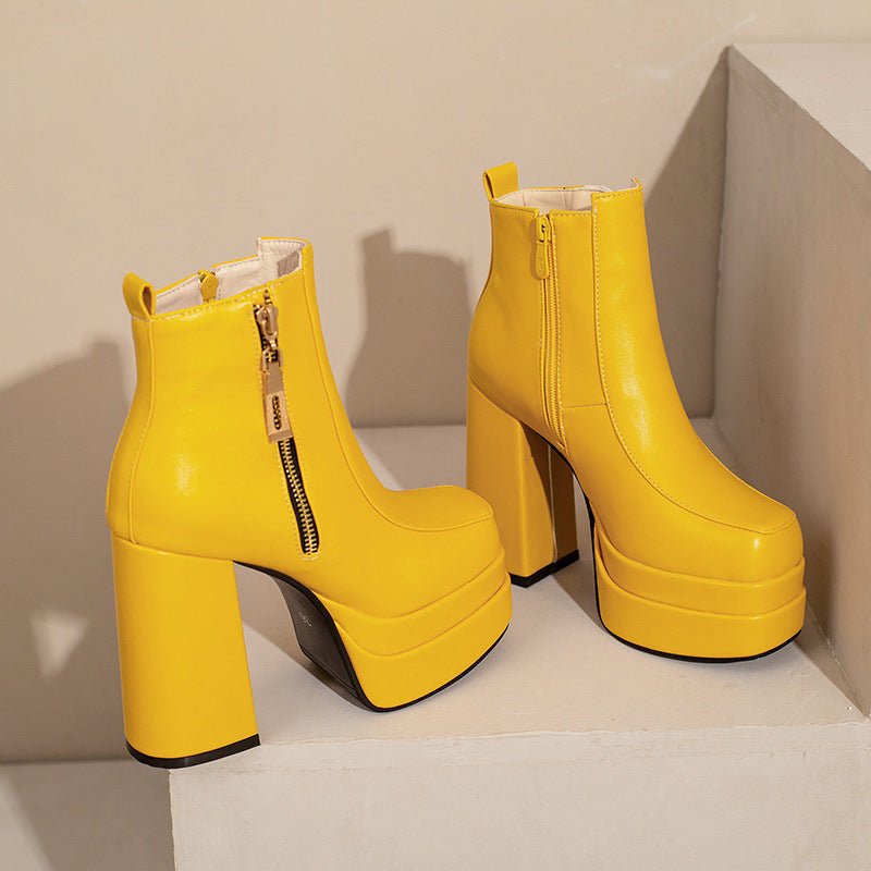 Women's Square Toe Chunky Heel Ankle Boots - Waterproof Platform Side Zipper Boots -Women's Shoes- Melted Glam LLC