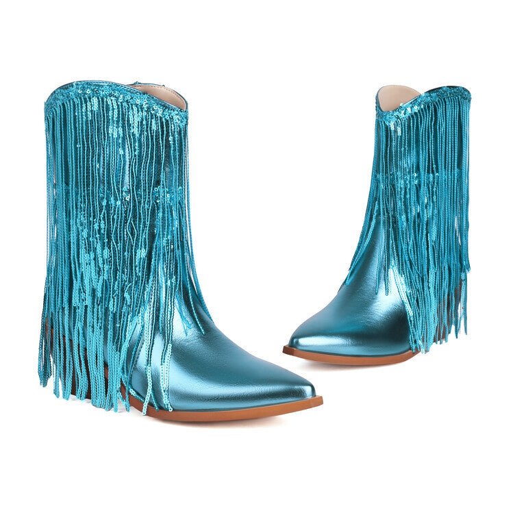 Women's Sequin Tassel Ankle Boots – Pointed Toe Chunky Heel Slip-On Party Boots -Women's Shoes- Melted Glam LLC