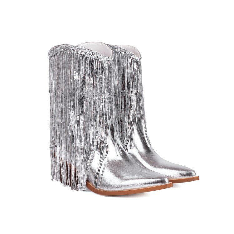 Women's Sequin Tassel Ankle Boots – Pointed Toe Chunky Heel Slip-On Party Boots -Women's Shoes- Melted Glam LLC