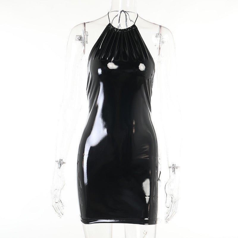 Skinny Bag Hip Halter Back Bright Leather Dress -Dress- Melted Glam LLC