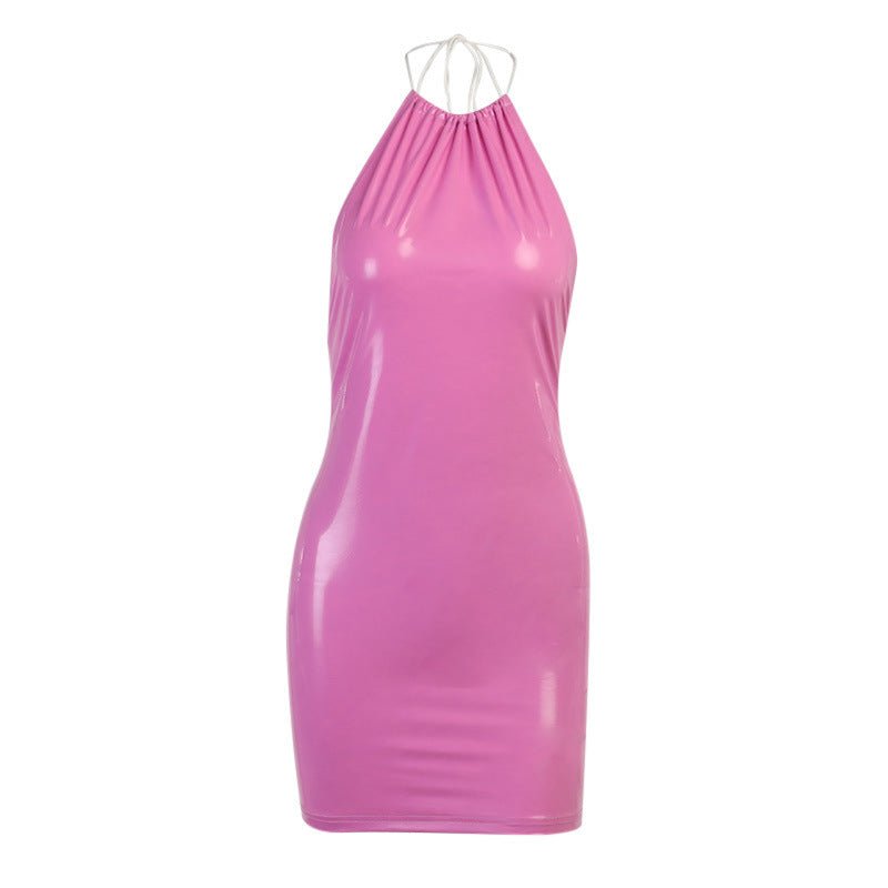 Skinny Bag Hip Halter Back Bright Leather Dress -Dress- Melted Glam LLC