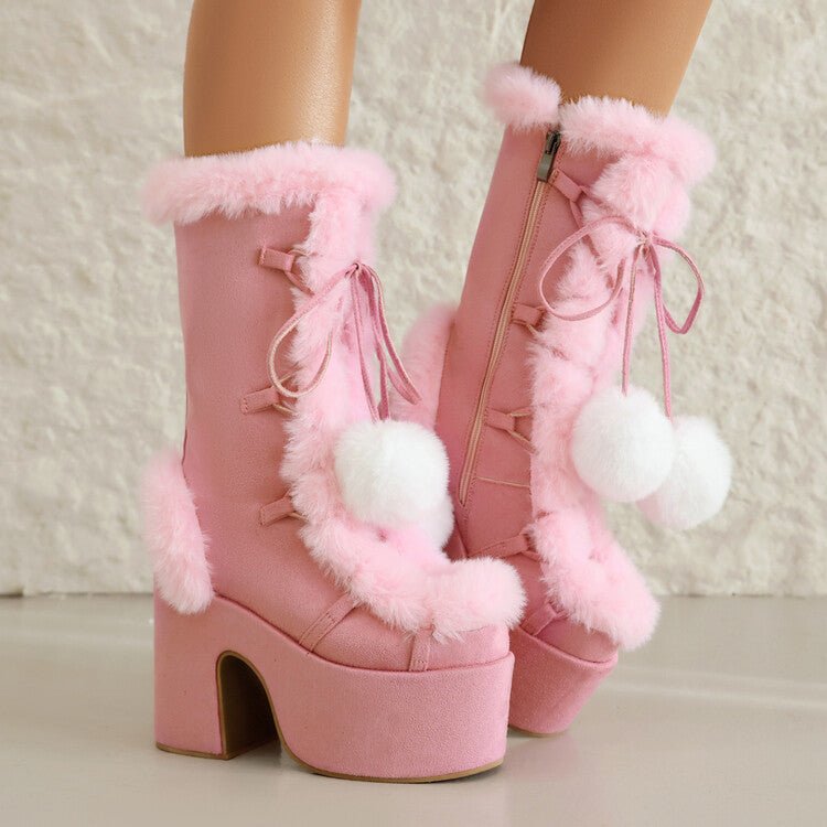 Women's Mid-Calf Chunky Heel Furry Boots – Suede Platform Winter Boots -Women's Shoes- Melted Glam LLC
