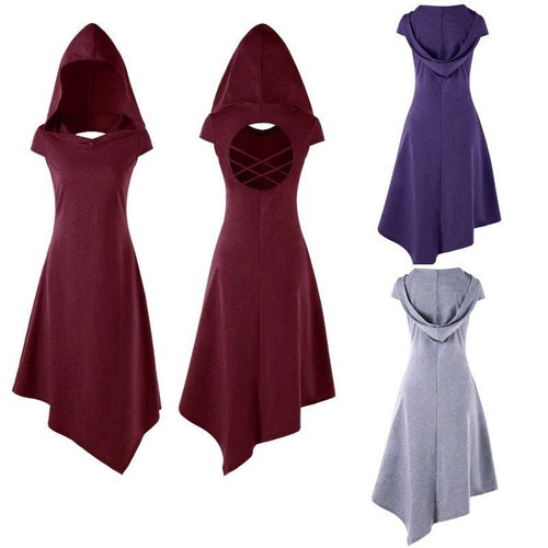 Back Hollow-out Underleg Asymmetric Hooded Midi Dress -Dress- Melted Glam LLC