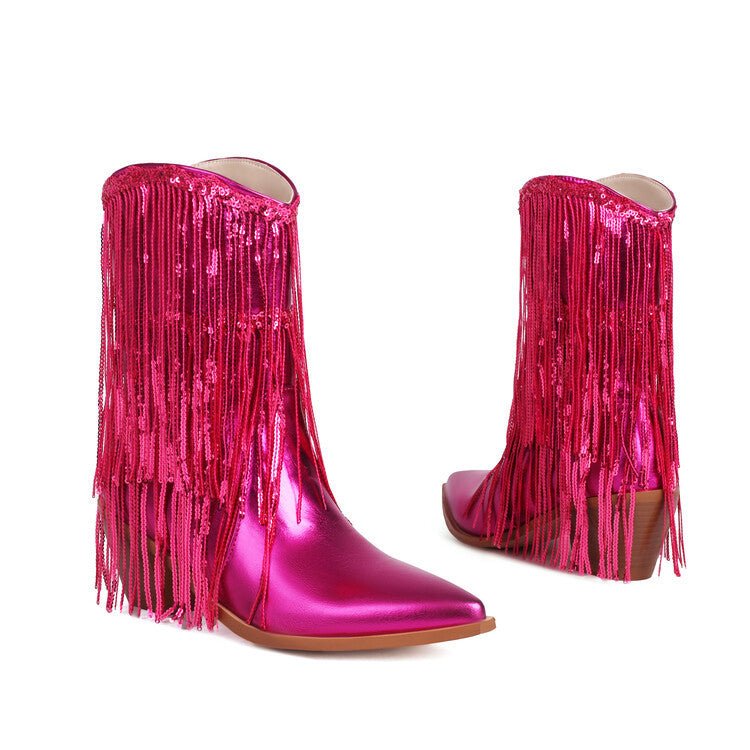 Women's Sequin Tassel Ankle Boots – Pointed Toe Chunky Heel Slip-On Party Boots -Women's Shoes- Melted Glam LLC
