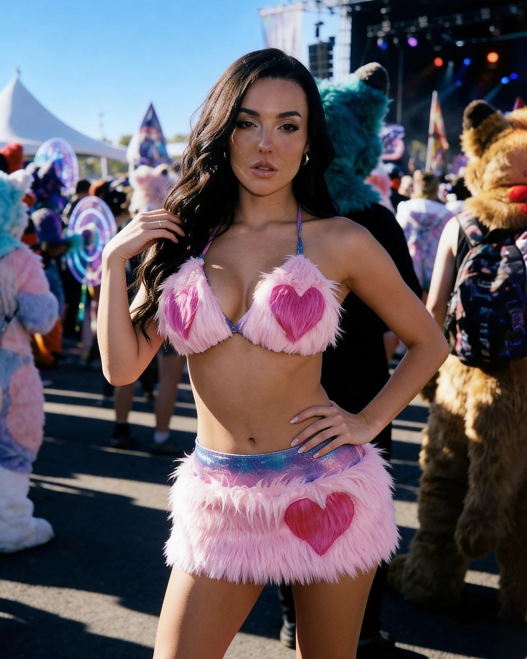 Faux Fur Heart Halter Top & Mini Skirt Rave Set – 2PC Festival Outfit