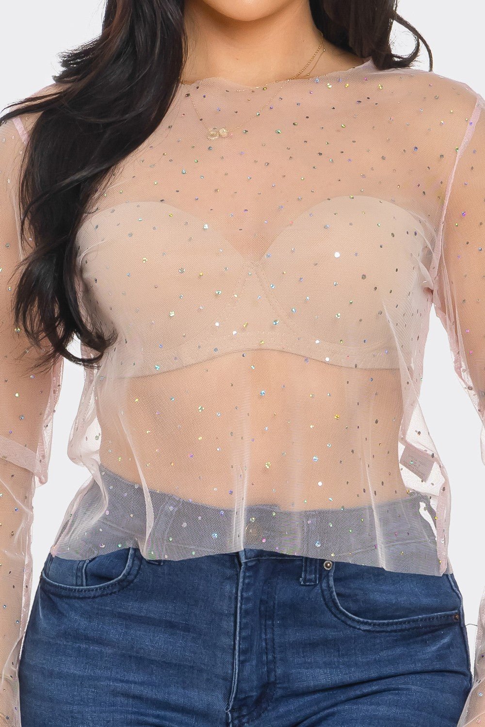Crystal Studded Mesh Top – Rainbow Rhinestone Sheer Blouse -Crop Top- Melted Glam LLC