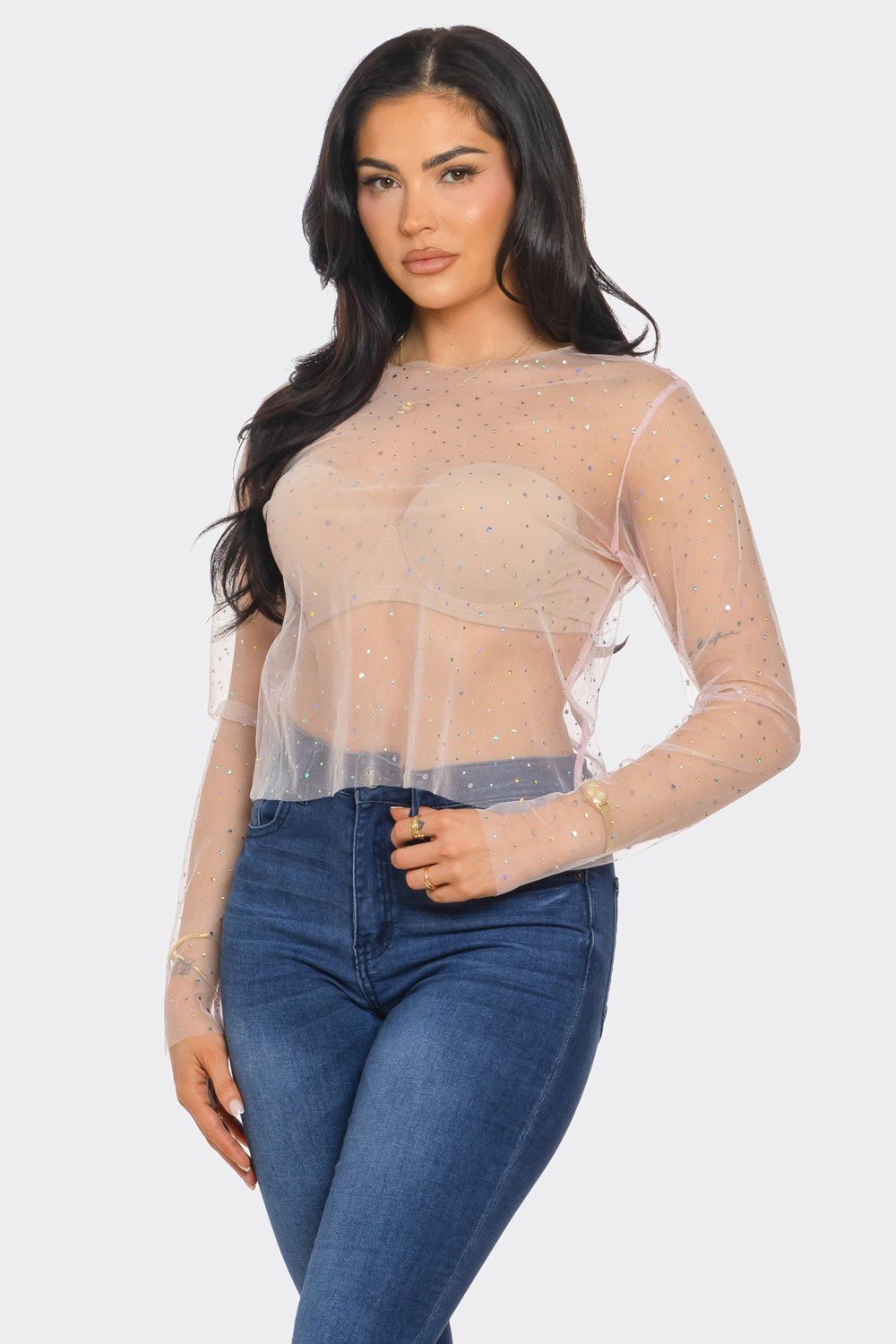 Crystal Studded Mesh Top – Rainbow Rhinestone Sheer Blouse -Crop Top- Melted Glam LLC