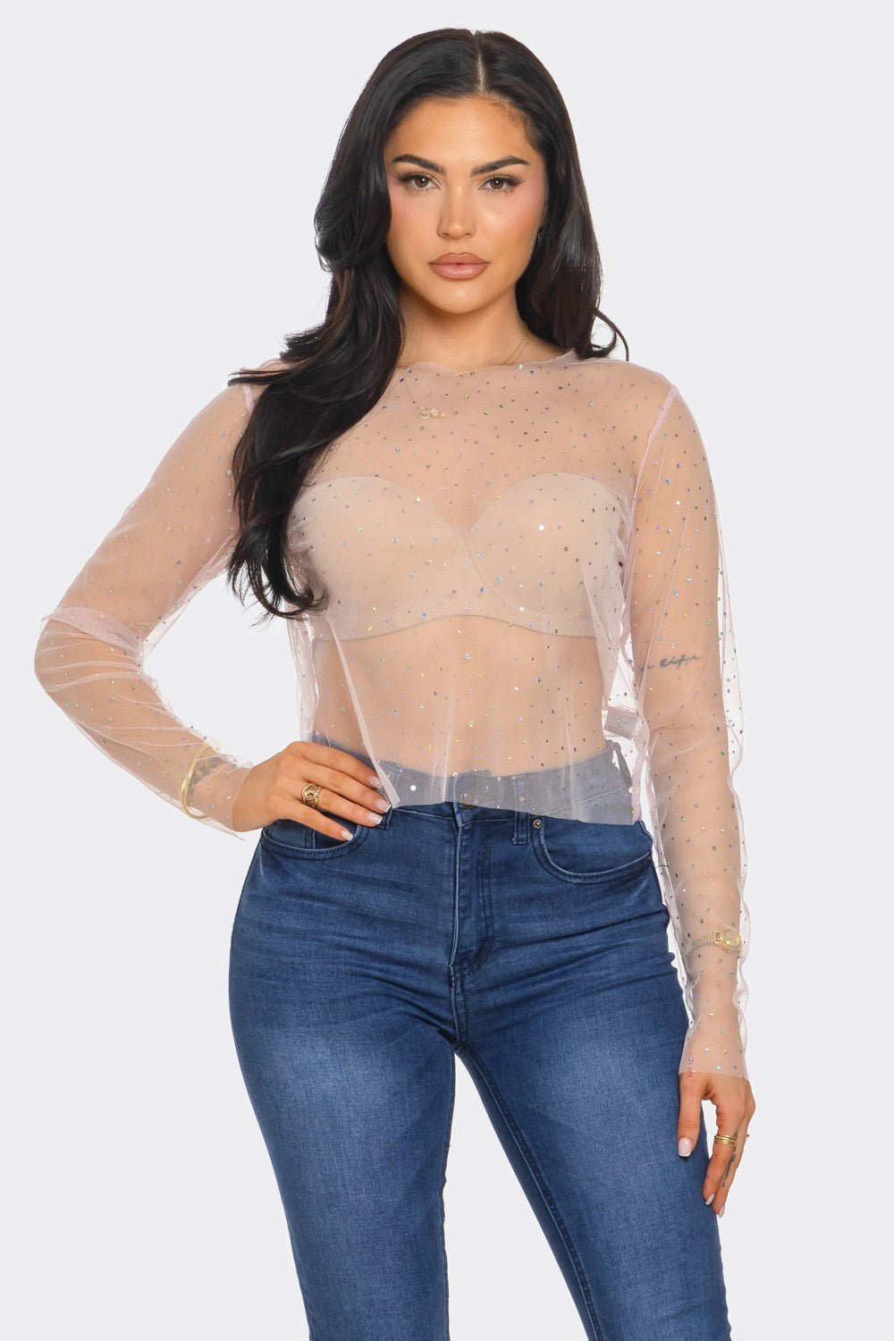 Crystal Studded Mesh Top – Rainbow Rhinestone Sheer Blouse -Crop Top- Melted Glam LLC