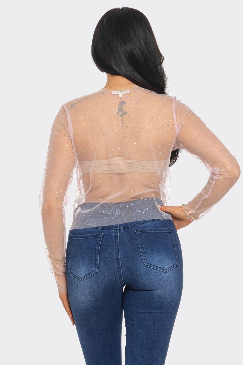 Crystal Studded Mesh Top – Rainbow Rhinestone Sheer Blouse -Crop Top- Melted Glam LLC