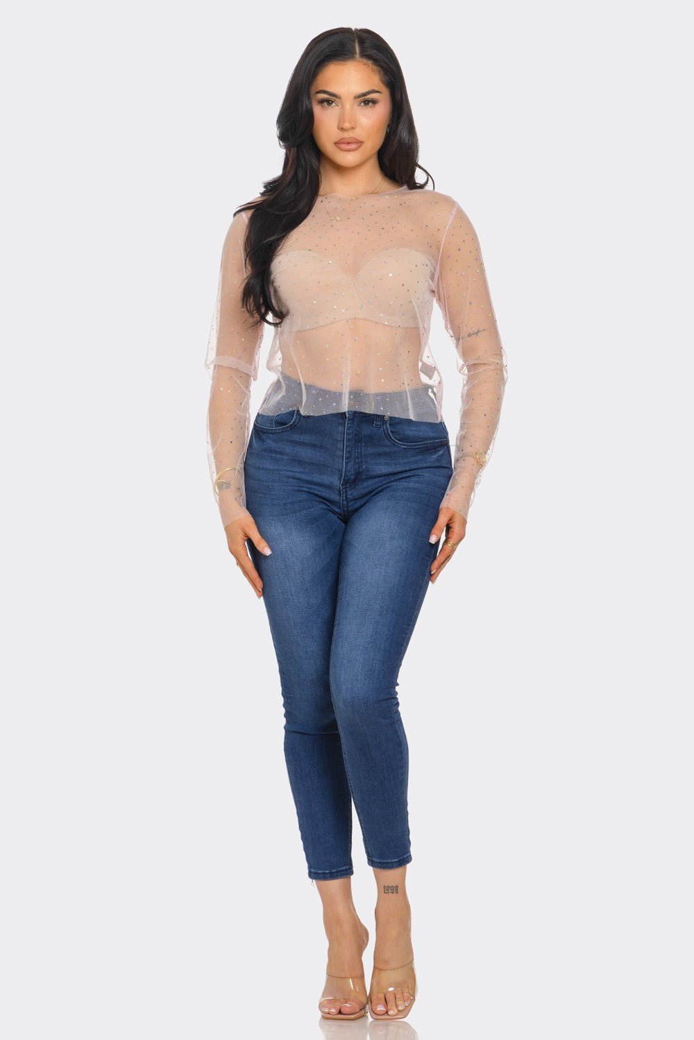 Crystal Studded Mesh Top – Rainbow Rhinestone Sheer Blouse -Crop Top- Melted Glam LLC
