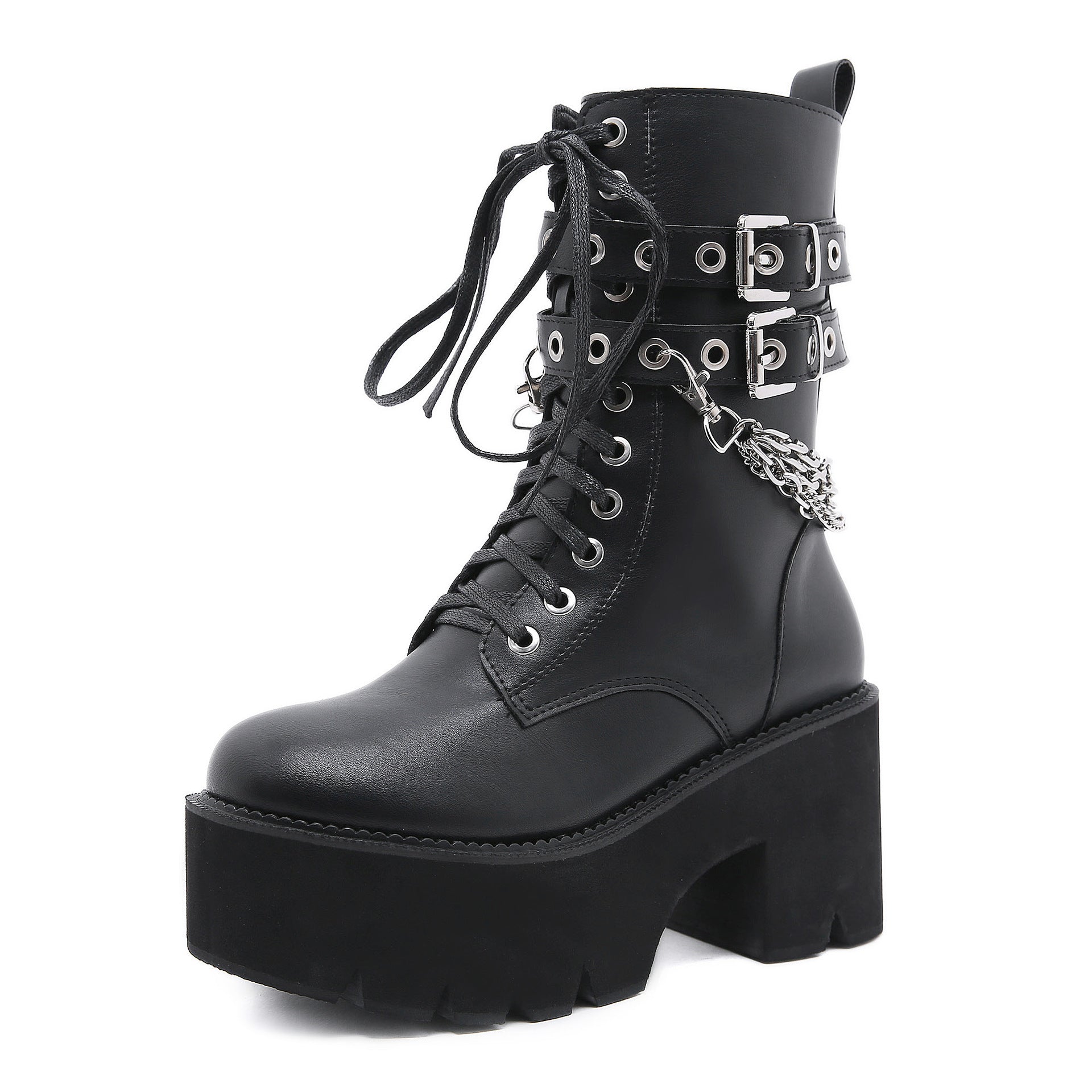 Women's Chunky Heel Platform Boots Side Zip Rivet Belt Buckle Mid-Calf Boots -Women's Shoes- Melted Glam LLC