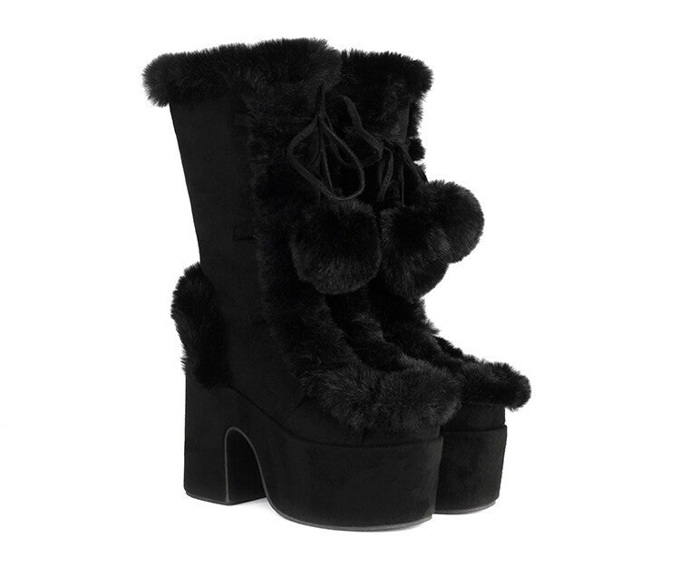 Women's Mid-Calf Chunky Heel Furry Boots – Suede Platform Winter Boots -Women's Shoes- Melted Glam LLC