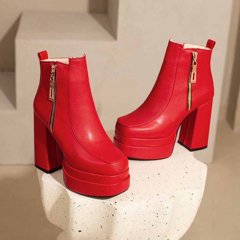 Women's Square Toe Chunky Heel Ankle Boots - Waterproof Platform Side Zipper Boots -Women's Shoes- Melted Glam LLC
