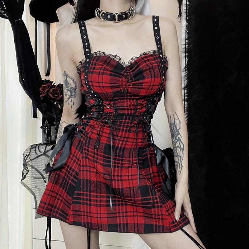 Dark Red Plaid Hot Girl Sling Design Sense Dress -Dress- Melted Glam LLC
