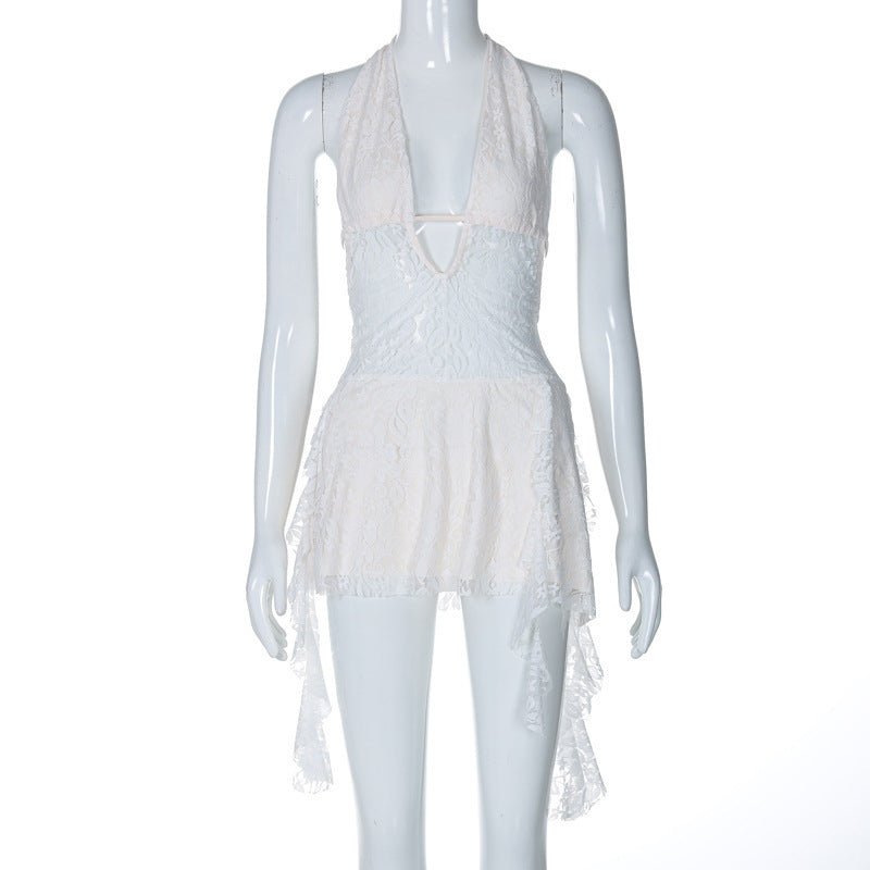 Short Stitching Ribbon Halter Lace Hollow-out Deep V-neck Backless Hot Girl Dress -Dress- Melted Glam LLC