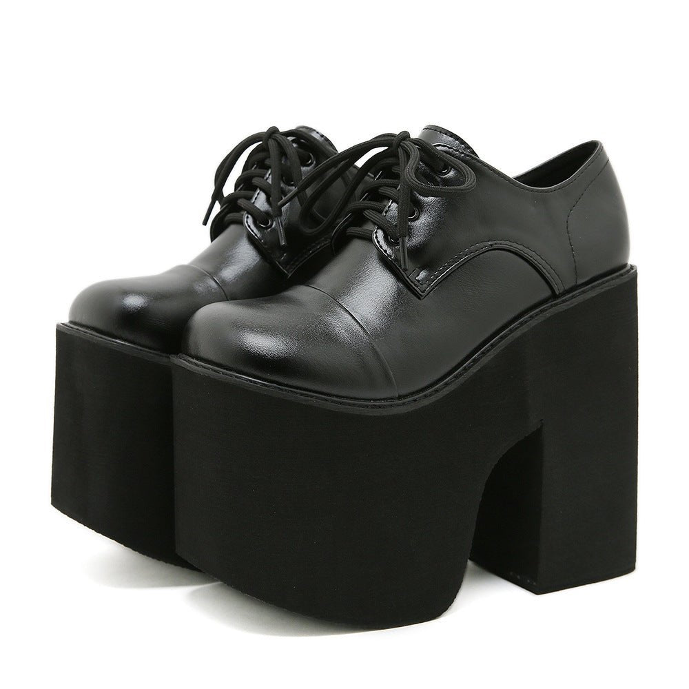 Women's Round-Toe Waterproof Platform Chunky-Heel Lace-Up Shoes | Black PU Leather -Women's Shoes- Melted Glam LLC