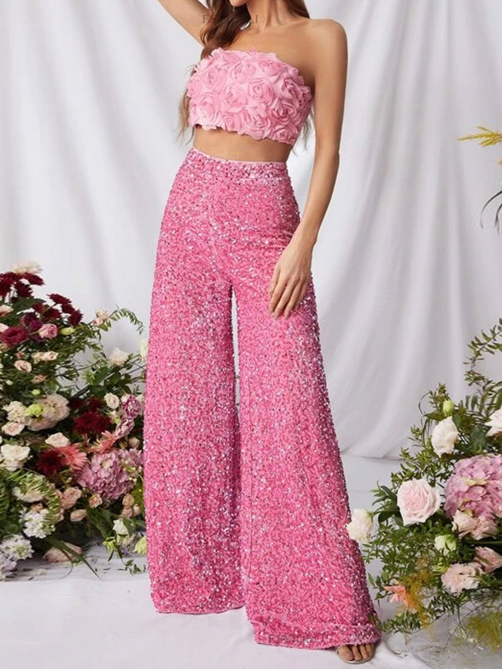 Sequin Embellished Wide Leg Pants -Pants- Melted Glam LLC