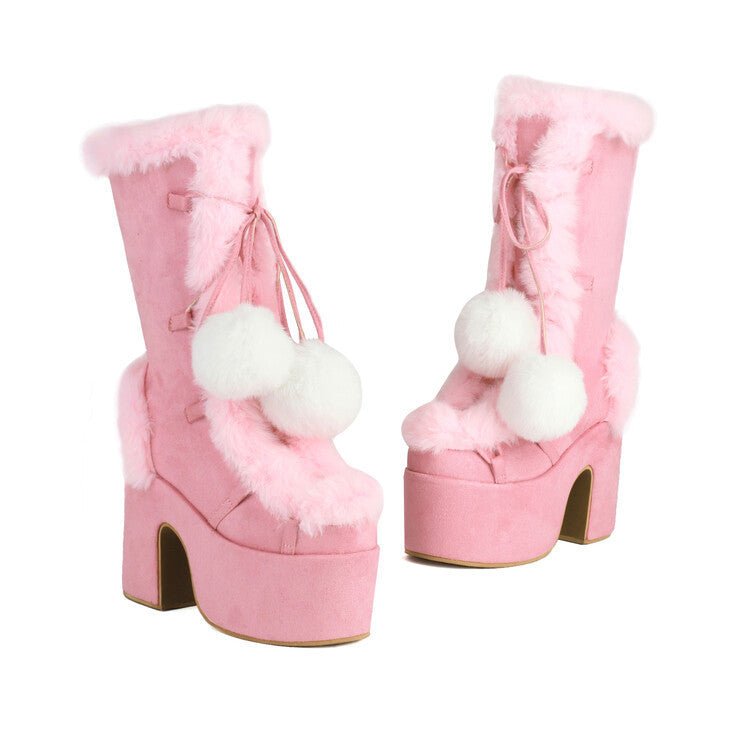 Women's Mid-Calf Chunky Heel Furry Boots – Suede Platform Winter Boots -Women's Shoes- Melted Glam LLC