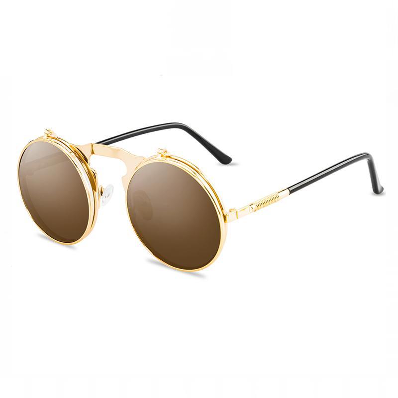 Luxury Retro Vintage Steampunk Flip Retro Round Metal Frame Sunglasses for Men and Women Brand Designer Circle Glasses Oculos Leon sunglasses -STS9NC17061VOFP- Melted Glam LLC