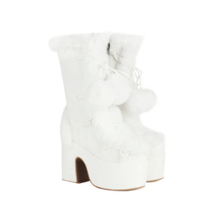 Women's Mid-Calf Chunky Heel Furry Boots – Suede Platform Winter Boots -Women's Shoes- Melted Glam LLC