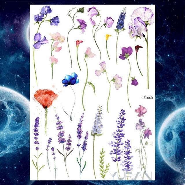 Luxury Colorful Flower Lavender Waterproof Temporary Tattoos Animals Arm Chest Tattoo Stickers Elegant Summer Style For Womens Mens -Temporary tattoos- Melted Glam LLC
