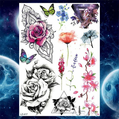 Luxury Colorful Flower Lavender Waterproof Temporary Tattoos Animals Arm Chest Tattoo Stickers Elegant Summer Style For Womens Mens