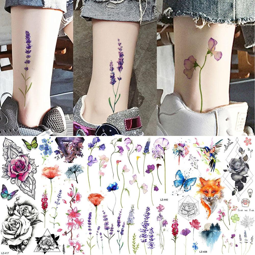 Luxury Colorful Flower Lavender Waterproof Temporary Tattoos Animals Arm Chest Tattoo Stickers Elegant Summer Style For Womens Mens -Temporary tattoos- Melted Glam LLC