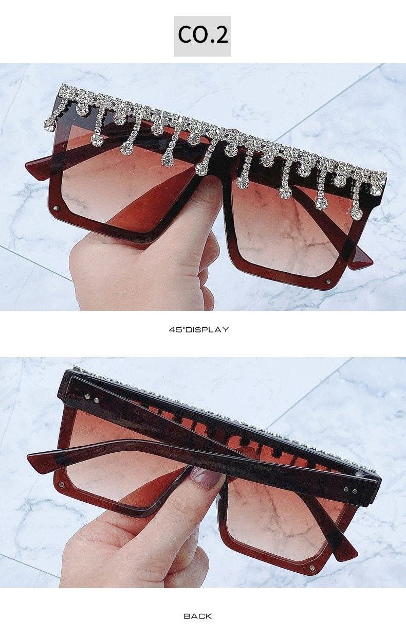 Oversize Square Crystal Sunglasses, Flat Top Oversized Sunglasses In Different Shades New Sun Wear Crystal Diamond Luxury Style Shades -Sunglasses- Melted Glam LLC