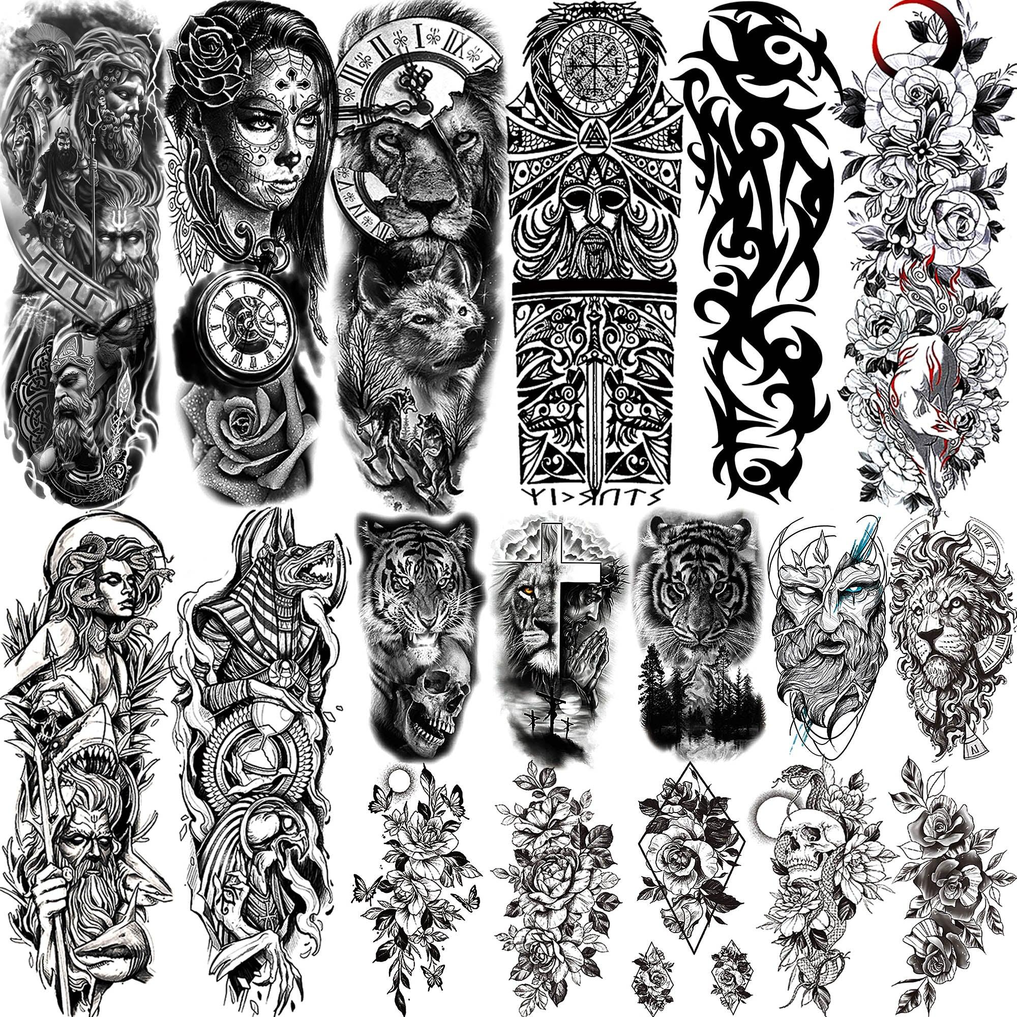 Realistic Full Arm Temporary Tattoos Sleeve Fake Tatoos Warrior Lion Tiger Flower Waterproof Tattoo Stickers For Womens Mens -Temporary tattoos- Melted Glam LLC